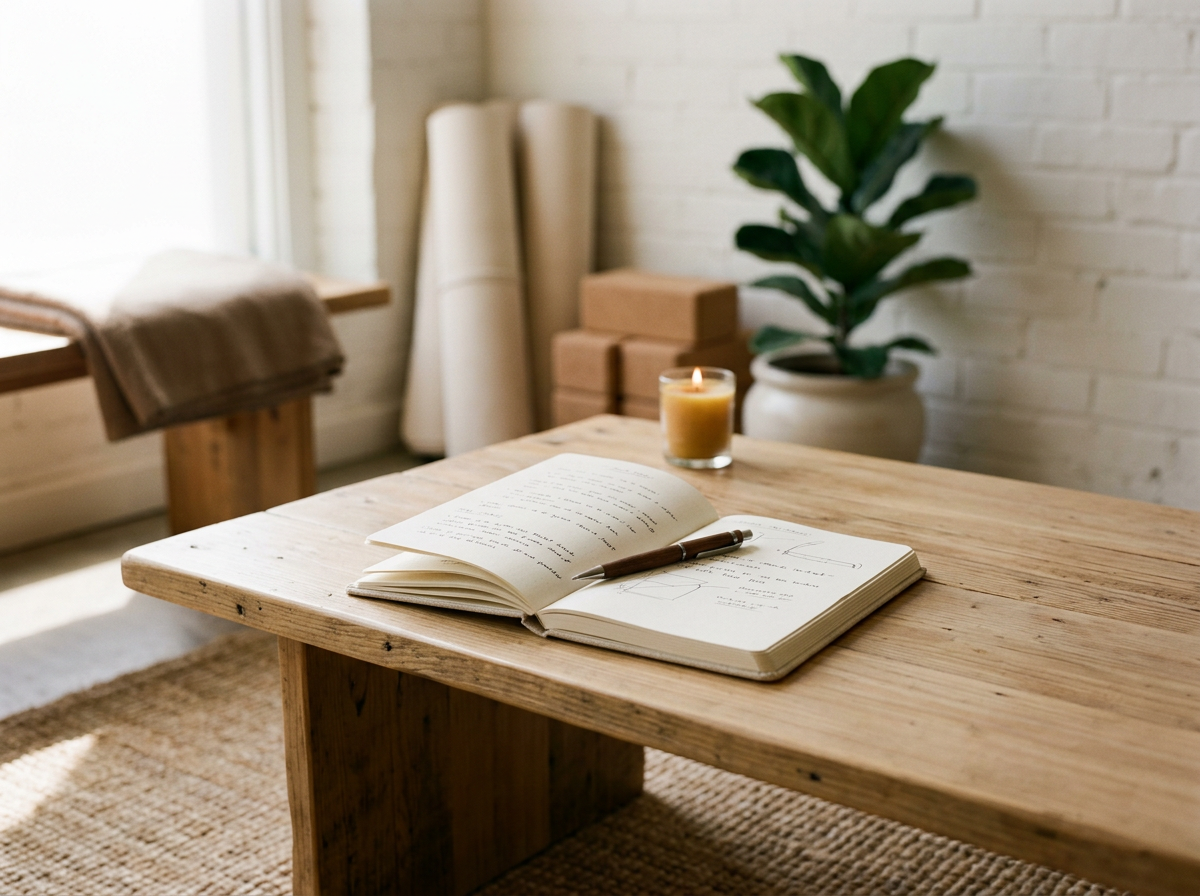 Open notebook with handwritten notes and a pen on a wooden table, with a lit candle, green potted plant, and additional candles or rolled mats in the background.