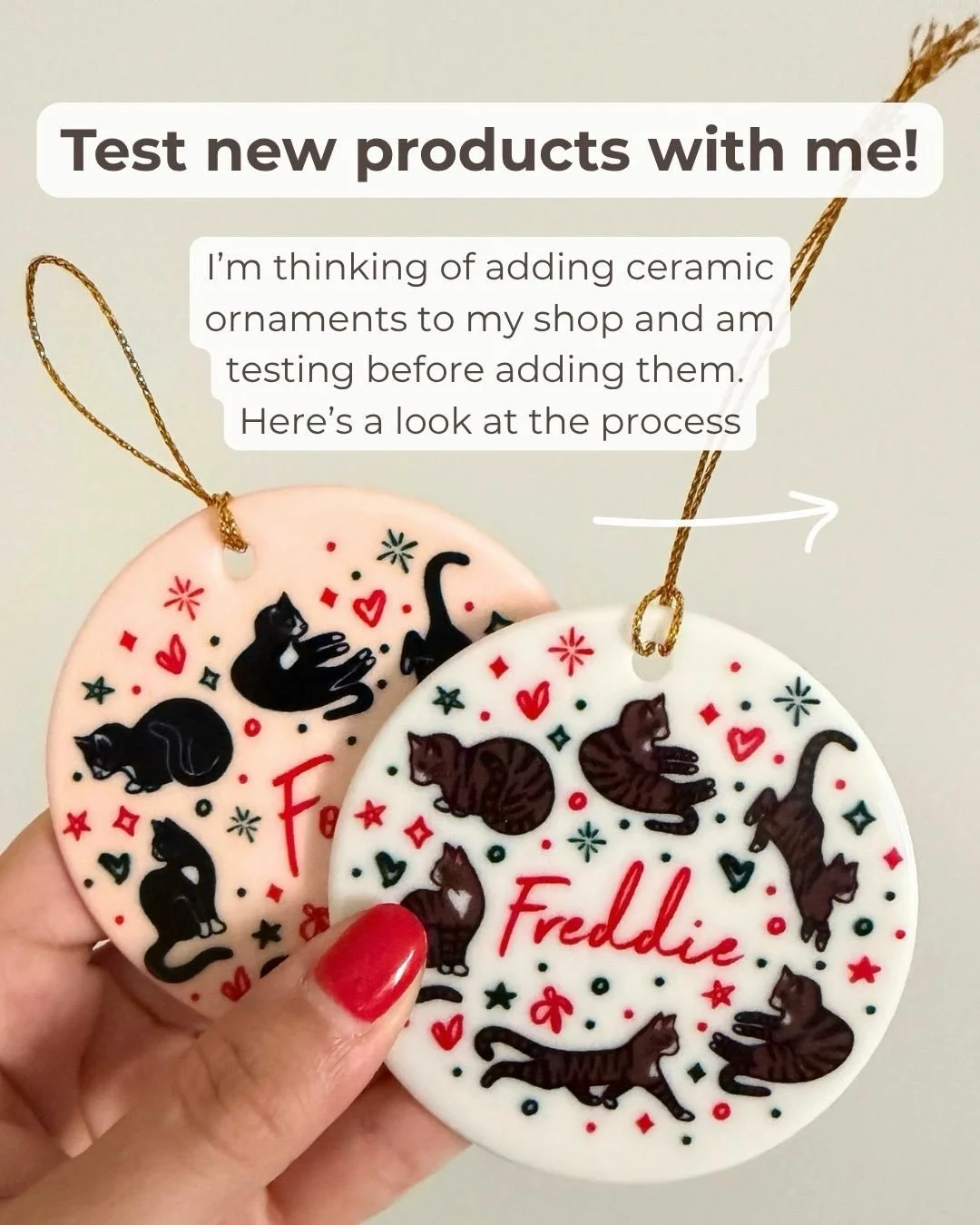 Take a look behind the scenes of testing new products I may add to my Etsy shop 👀 I&rsquo;d love any feedback! Would you purchase a custom ceramic ornament? Let me know!! ❤️