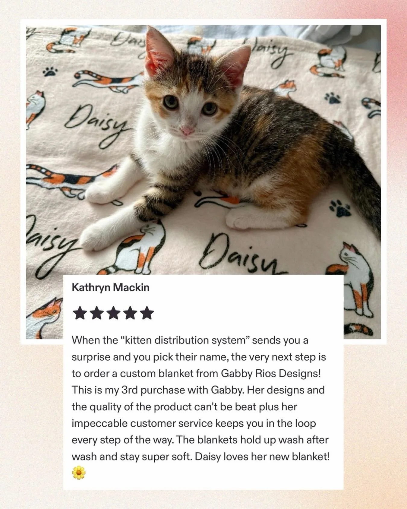 This review made my day 💛 It makes me so happy to hear that my artwork has brought joy into this world 😻I&rsquo;m so glad Daisy loves her blanket, what a cutie!! 🥰