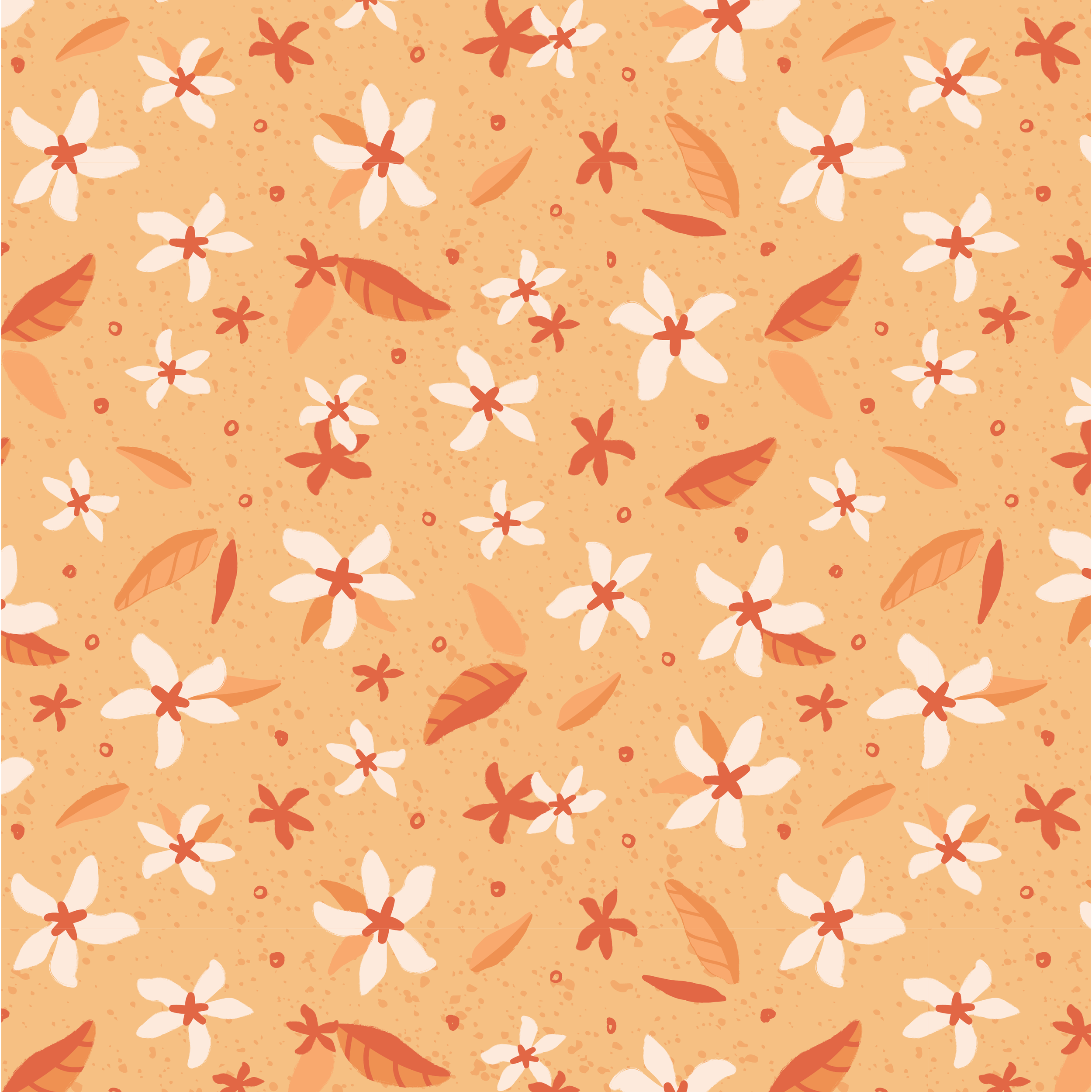 Pattern of white and orange flowers with orange leaves scattered on a peach background.