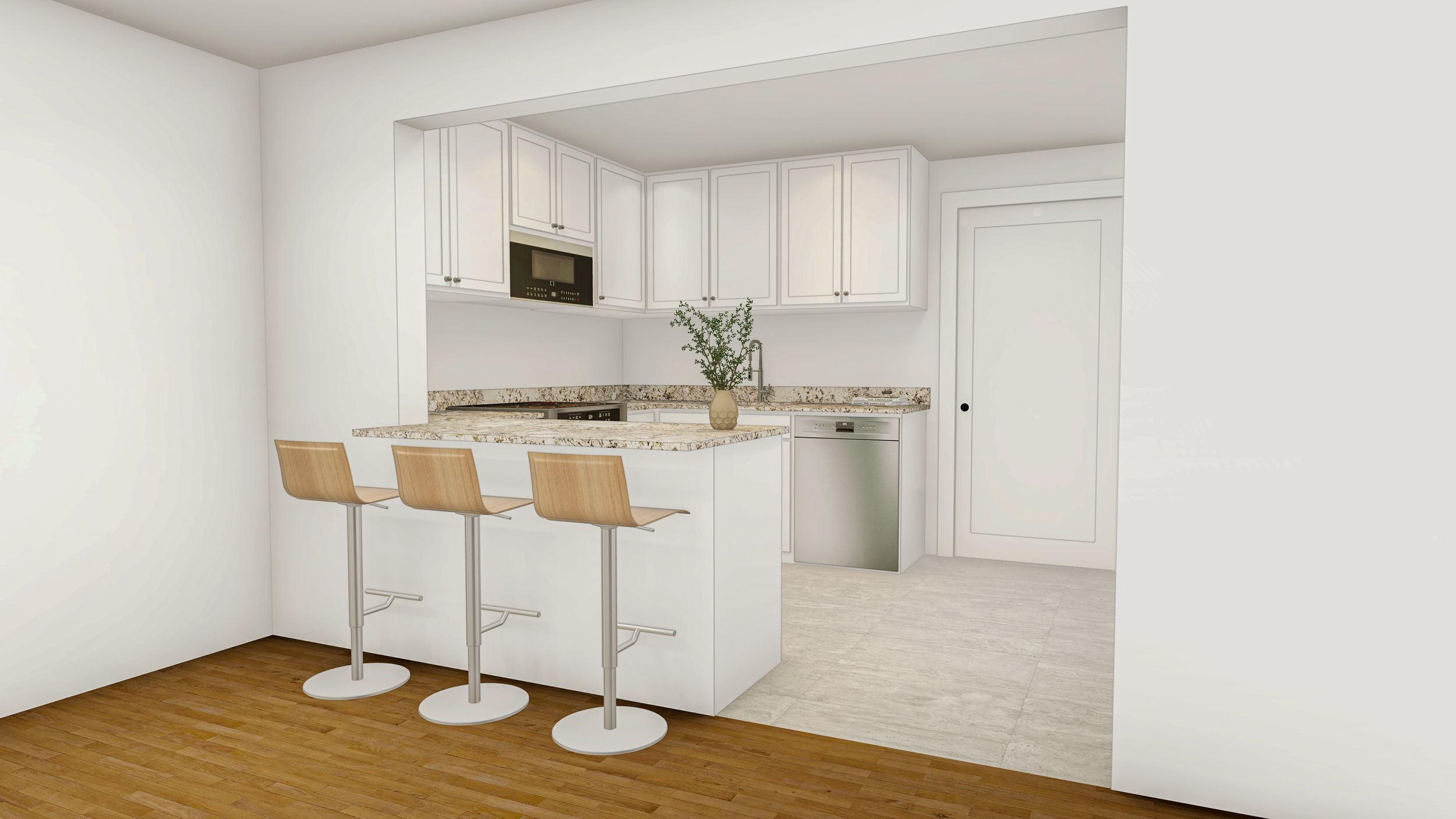 Modern kitchen with white cabinets, granite countertops, and bar stools with wooden seats and metal bases, featuring a plant in a vase on the counter.