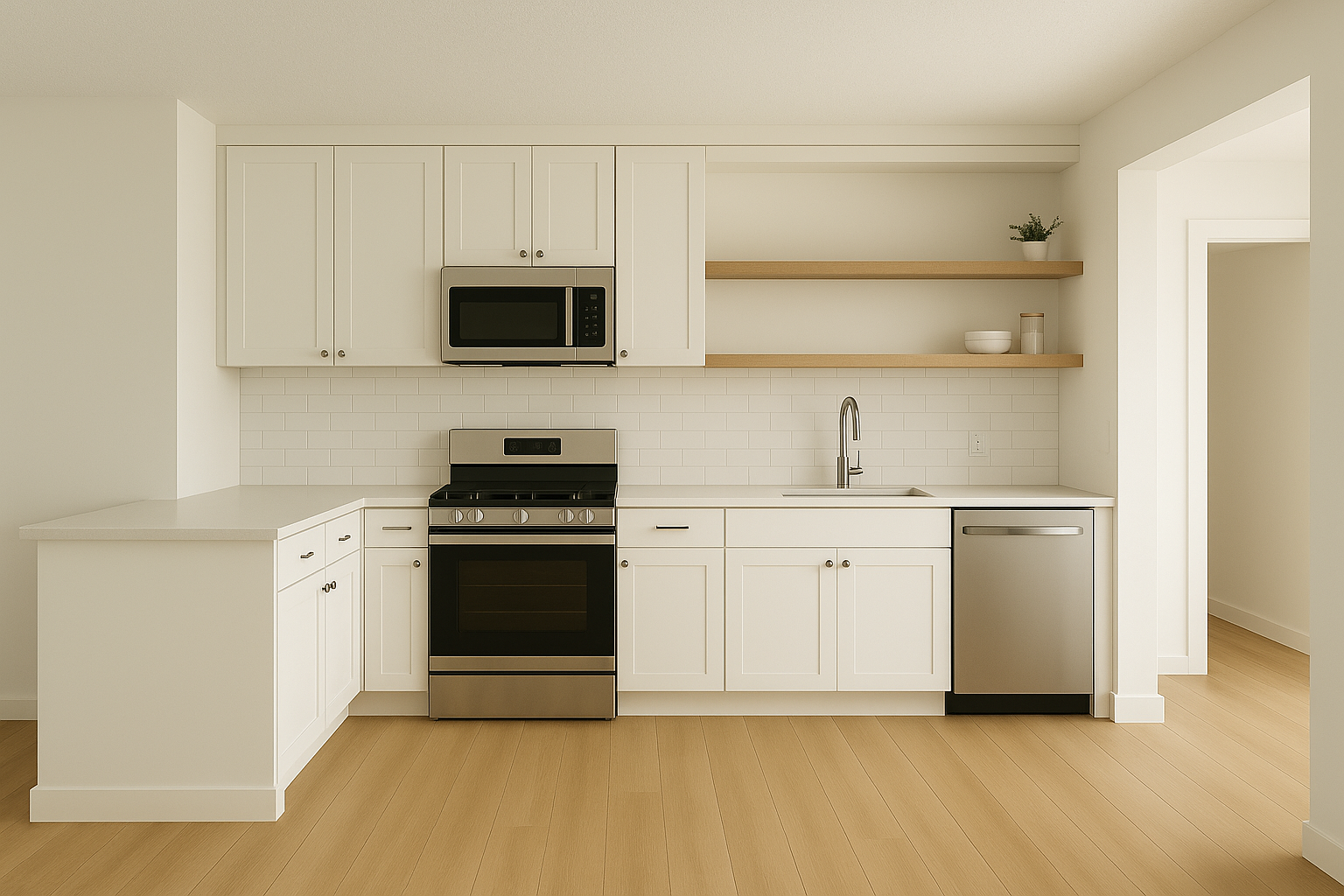 Modern kitchen with white cabinets, stainless steel stove, microwave, and dishwasher, light wood floor, and open wooden shelves with potted plant and bowls.
