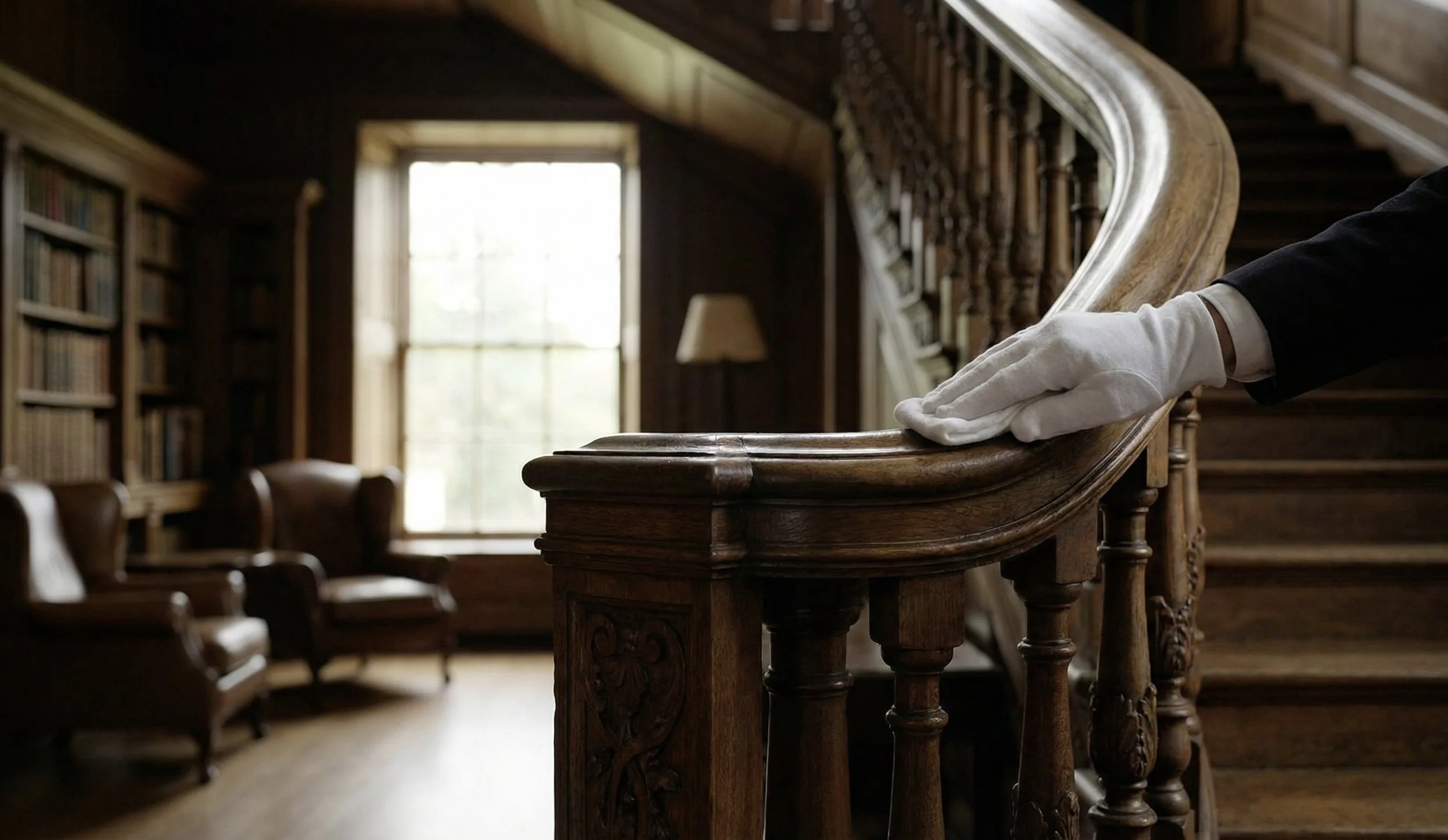 Main en gants blanches touchant la rampe en bois d'une bibliothèque ancienne, avec des fauteuils en cuir devant une grande fenêtre laissant entrer la lumière naturelle.