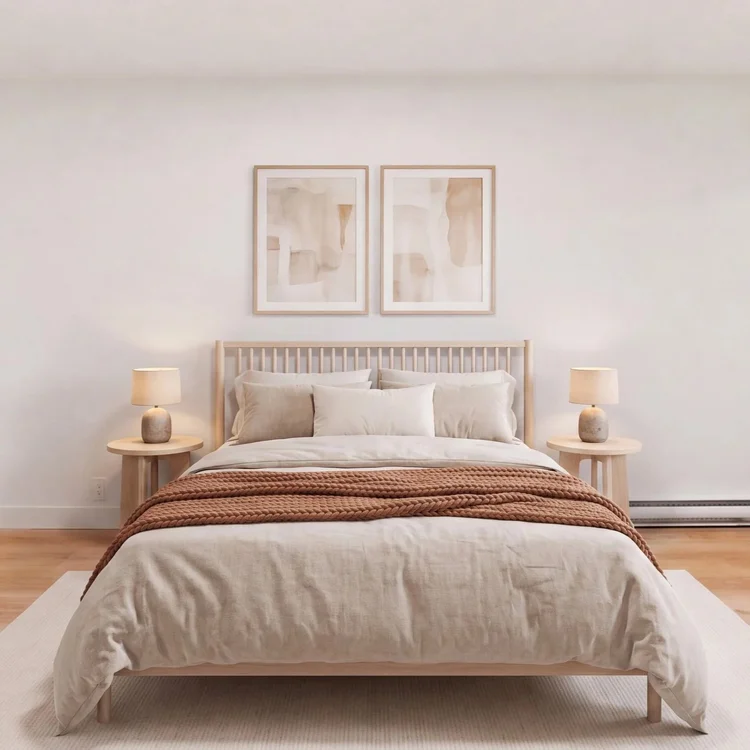 Staged bedroom in unit 306 at 2928 Commercial Drive, Vancouver