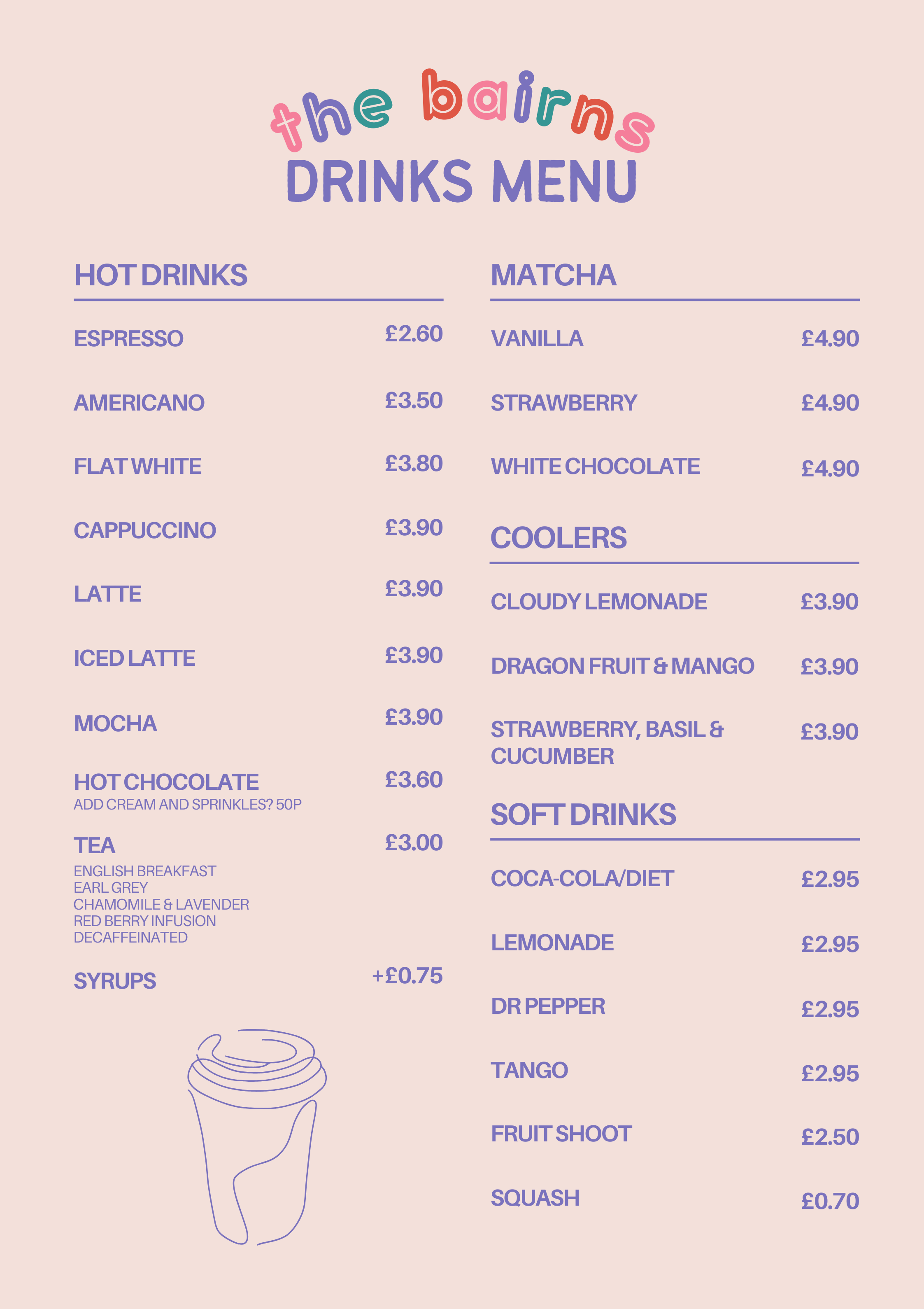 Drinks menu from 'the bairns' cafe featuring hot drinks, matcha, coolers, and soft drinks with prices listed.