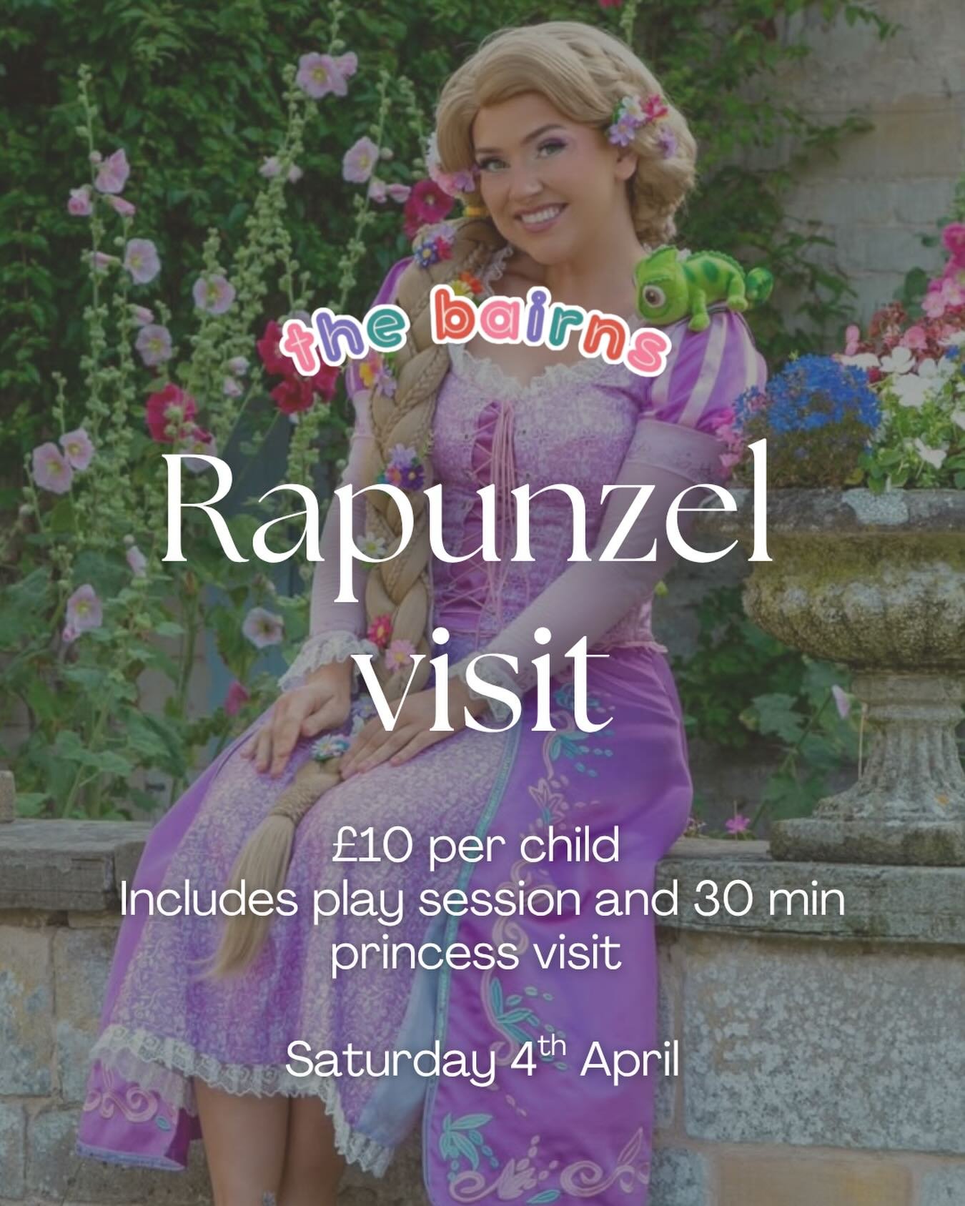 A princess is coming to The Bairns! Rapunzel will be visiting on Saturday 4th April during every session🫶 This will be a 30 min visit with plenty of time for songs and photo opportunities. 

Book now at: https://bookwhen.com/thebairnsplaycafe 

Play
