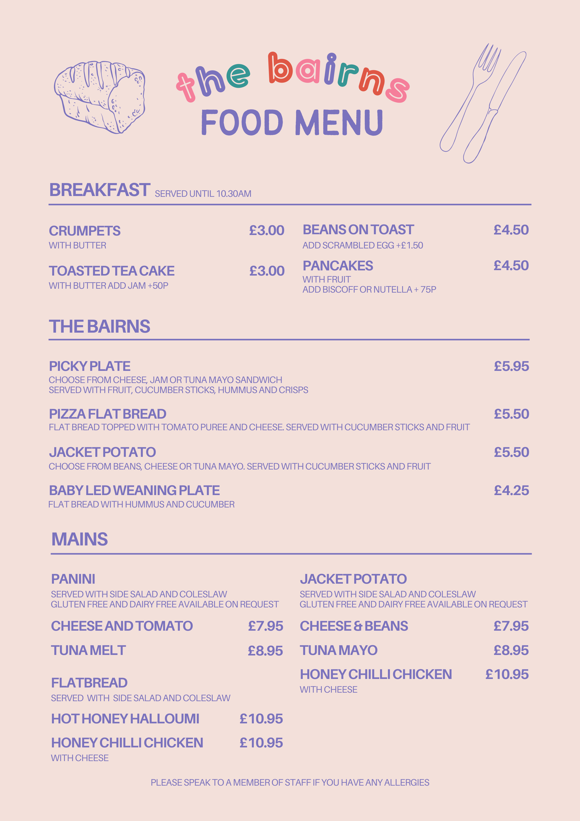 Colorful breakfast menu for The Bairns with illustrations of bread and cutlery.