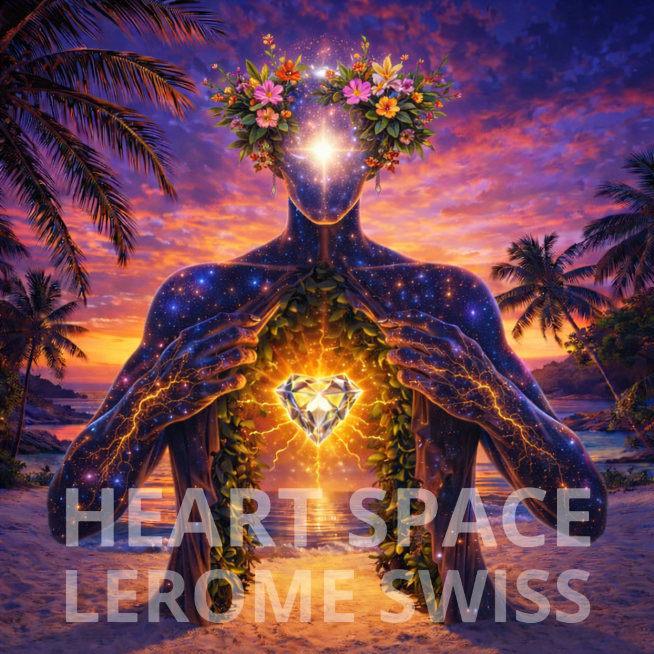A colorful digital artwork of a human silhouette with a background of a sunset sky and palm trees, featuring a large heart shape made of flowers and glowing with energy at the chest, with the words 'HEART SPACE' overlaid. Listen to this masterpiece.