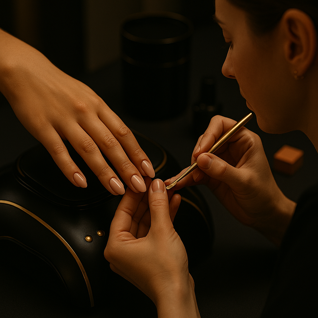 a picture of a nail tech using UV light on client.