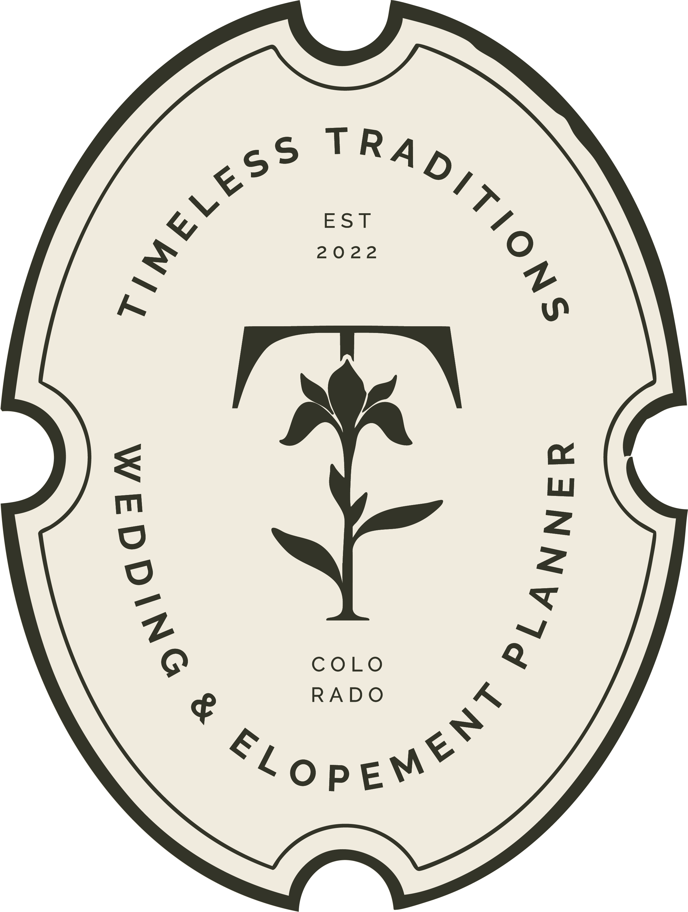 A vintage-style label for a cannabis product, featuring a black and white color scheme, a central illustration of a cannabis flower, and text including 'Timeless Traditions,' 'Wedding & Elopement Planner in Western Colorado'