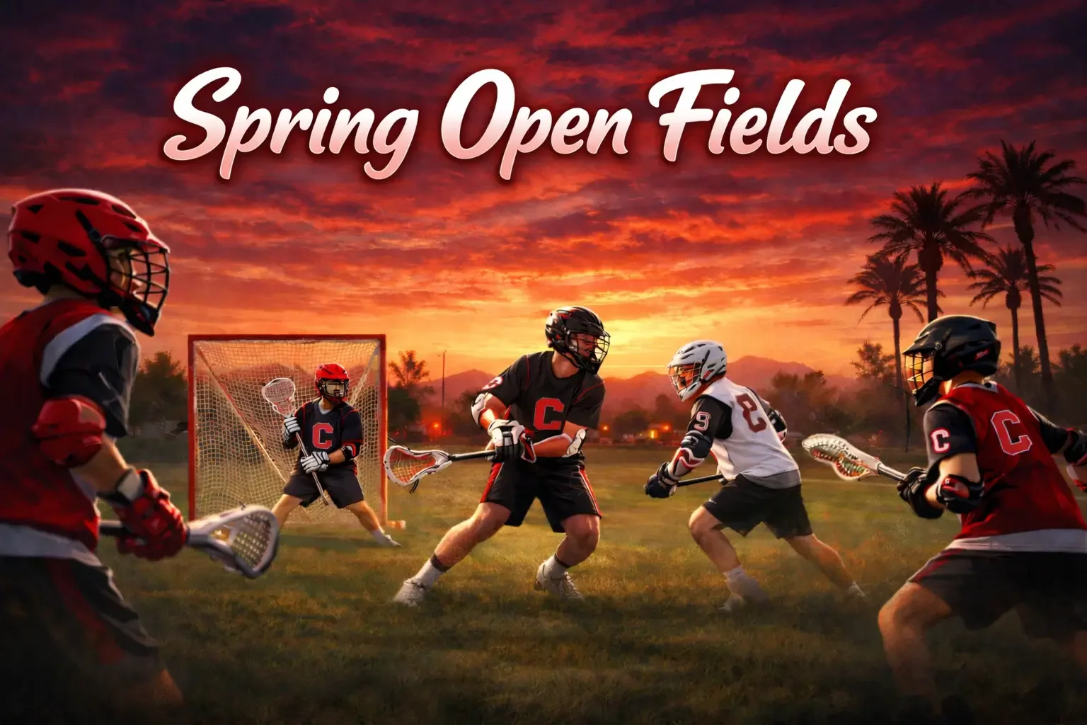 Lacrosse players playing game on grassy field at sunset with palm trees in background, with 'Spring Open Fields' text on sky.