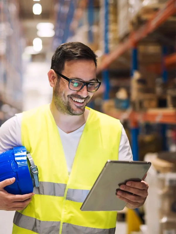 Employee checking warehouse with comprehensive insurance coverage