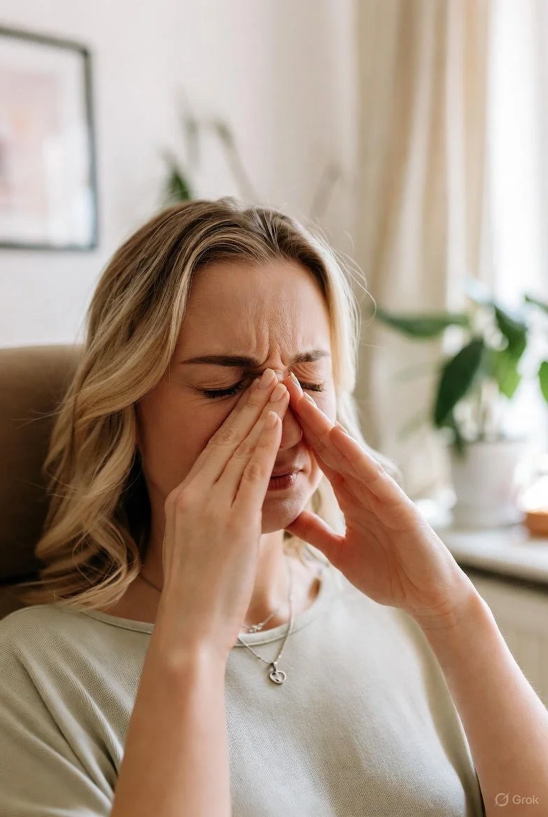 A woman sitting indoors with a distressed or pained expression, pressing her fingers against her temples and nose, possibly experiencing a headache or stress.