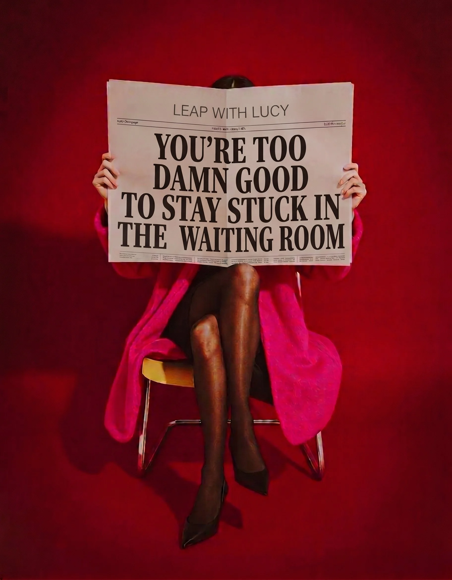 LEAP WITH LUCY 'YOU'RE TOO DAMN GOOD TO STAY STUCK IN THE WAITING ROOM' against a red background, with part of their face partially hidden behind the newspaper.