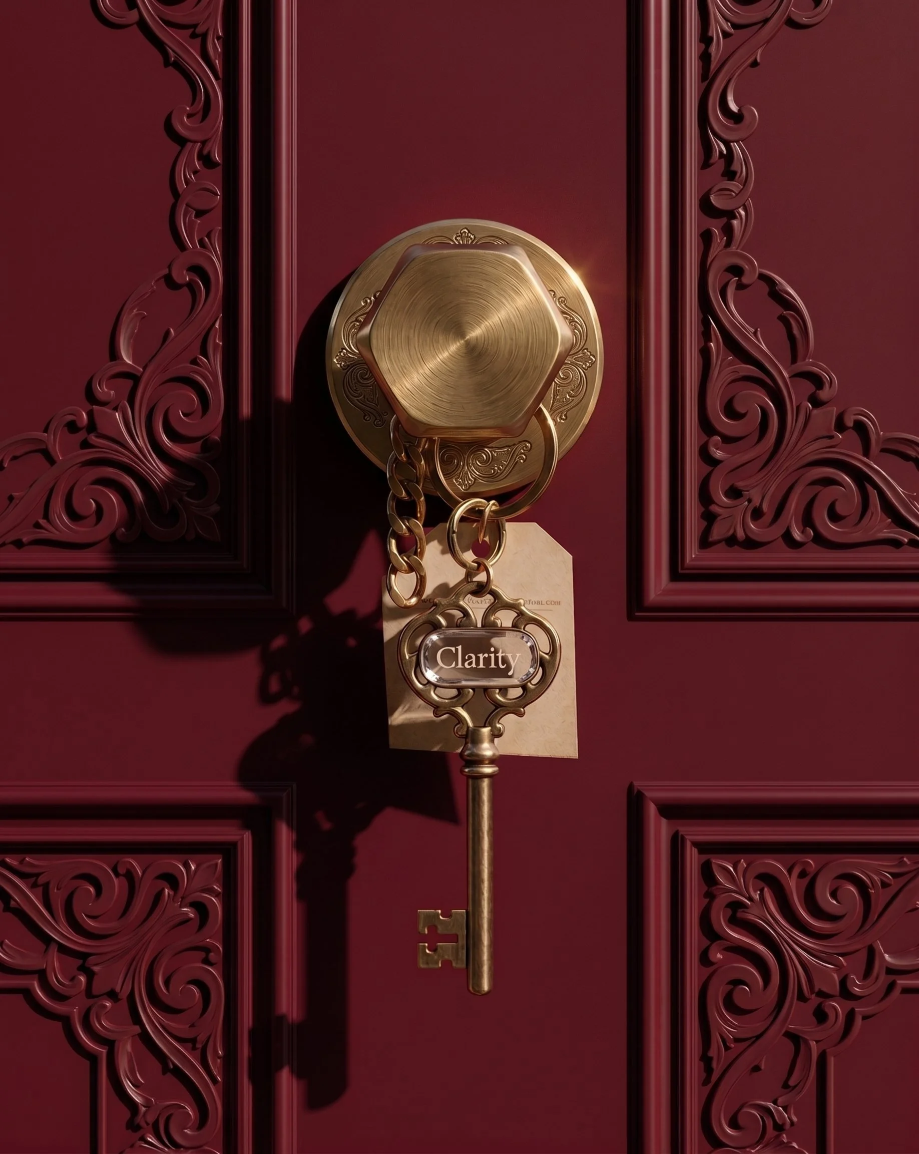 A gold ornate key hanging from a gold lock with the word 'Clarity' on the key tag, mounted on a deep red wall with carved decorative panels.