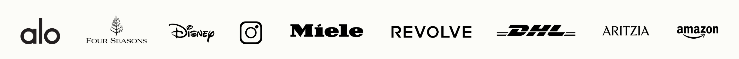 LUCY_JACKSON_CLIENTS A row of company logos including Alo, Four Seasons, Disney, Instagram, Miele, Revolve, DHL, Aritzia, and Amazon.