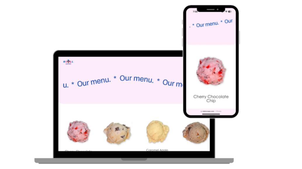 Laptop and smartphone displaying the ice cream menu with images of different ice cream flavors, including Cherry Chocolate Chip.