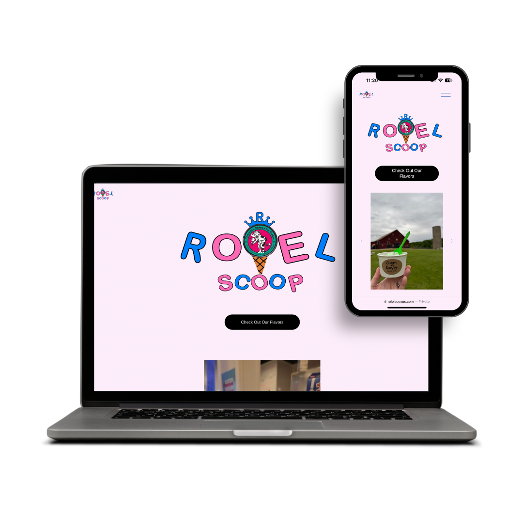 A laptop and a smartphone displaying the website for Ruel Scoop, an ice cream brand. The website features a colorful logo with an ice cream cone and the text "Ruel Scoop," along with a button that says "Check Out Our Flavors." The smartphone shows th