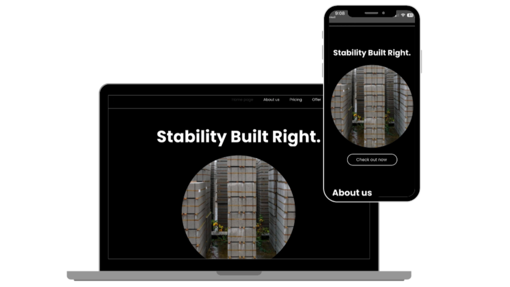 A website and mobile app interface displaying stacks of bricks with the headline "Stability Built Right" and a circular image of bricks, with a button labeled "Check out now".