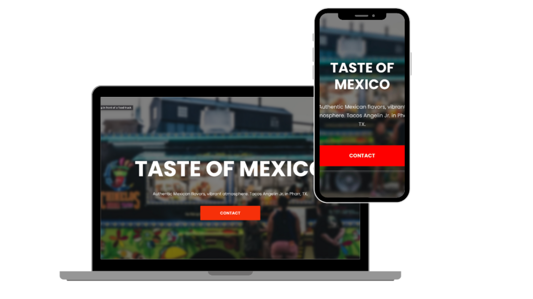 Laptop and smartphone screens displaying a food truck event with the text "Taste of Mexico" and a red "Contact" button.