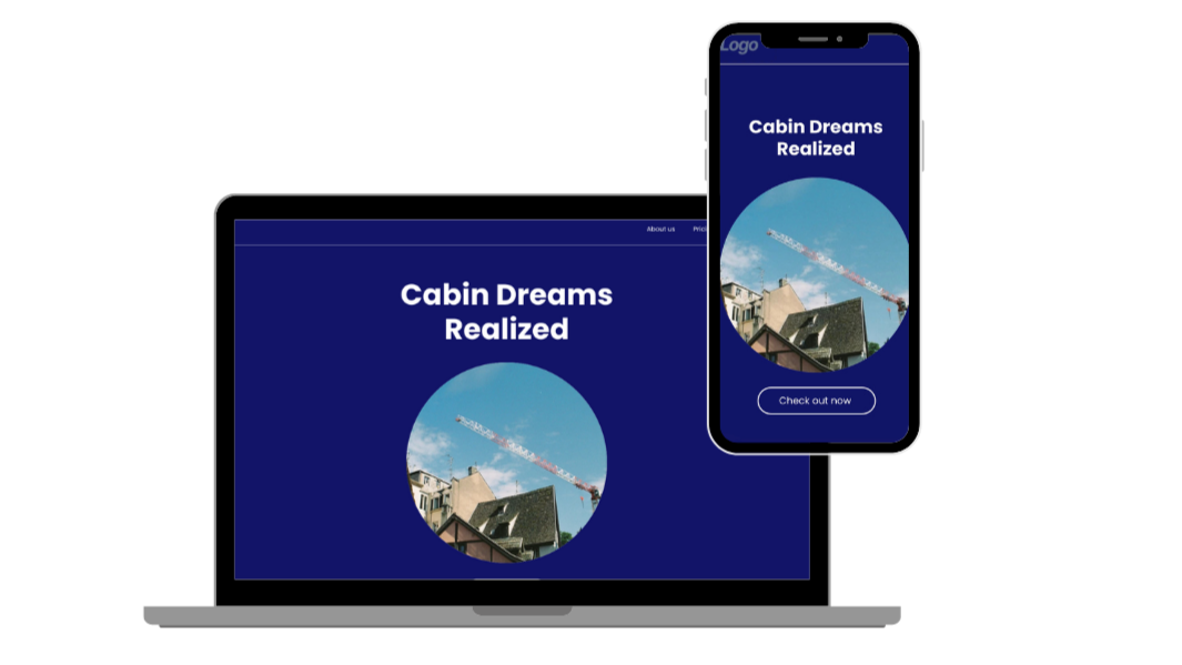 Laptop and smartphone screens displaying a website with the text 'Cabin Dreams Realized' and a photo of a crane lifting materials onto a house.