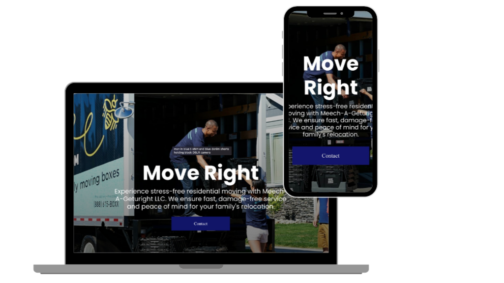 Mobile phone and laptop screen displaying moving service advertisement with the text "Move Right" and "Move Right" on the smartphone and laptop screens, and a background image of a moving truck and a man loading boxes.