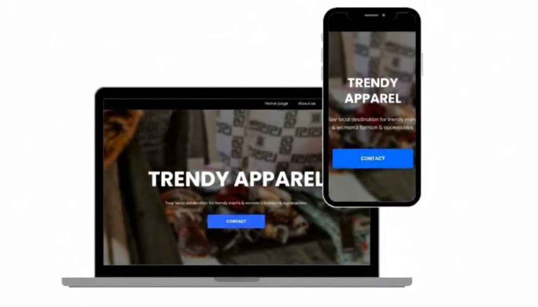 A laptop and smartphone displaying a website for trendy apparel with a blue contact button.