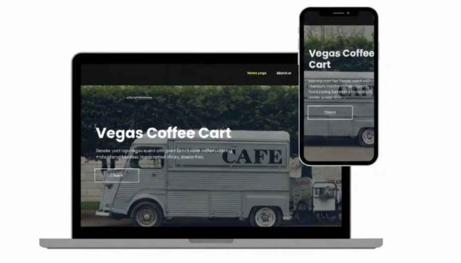 A laptop and a smartphone displaying a website titled "Vegas Coffee Cart" with an image of a vintage coffee cart truck and a button labeled "Order".