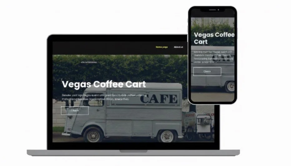 Laptop and smartphone displaying a website for Vegas Coffee Cart with an image of a vintage food truck.