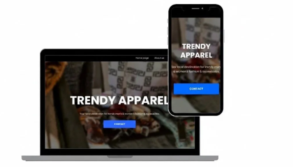Laptop and smartphone displaying a website with the title "Trendy Apparel" and a blue "Contact" button.