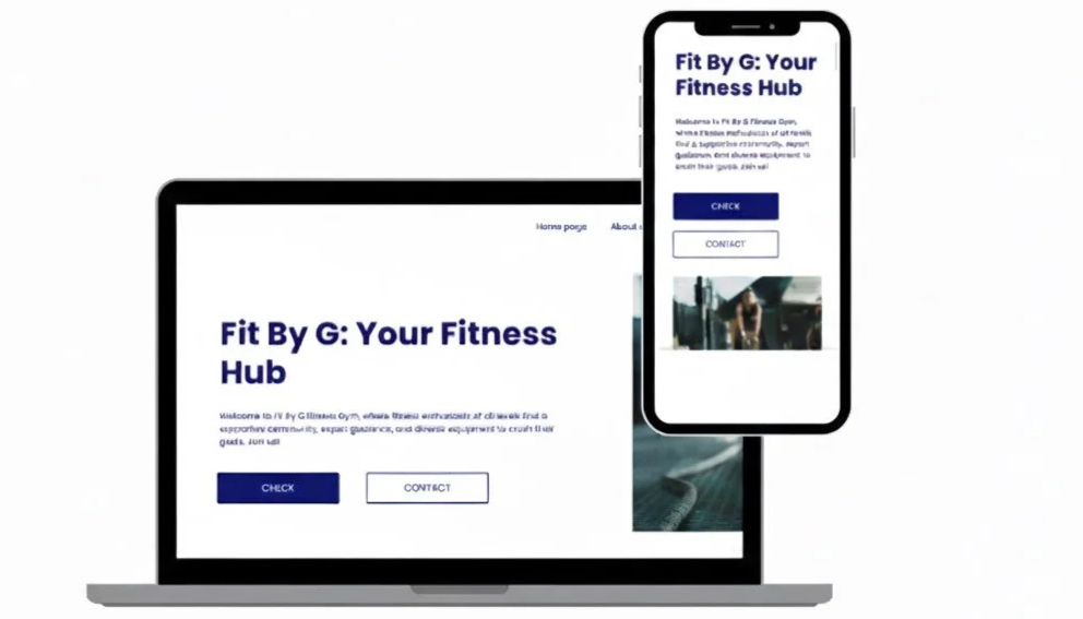 A laptop and a smartphone displaying the website 'Fit By G: Your Fitness Hub' with options to check or contact.