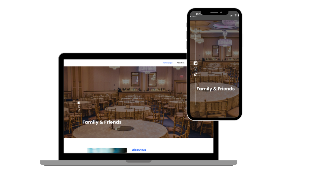 Laptop and smartphone displaying a website for a family and friends event space, with images of a decorated banquet hall with round tables and chandeliers.