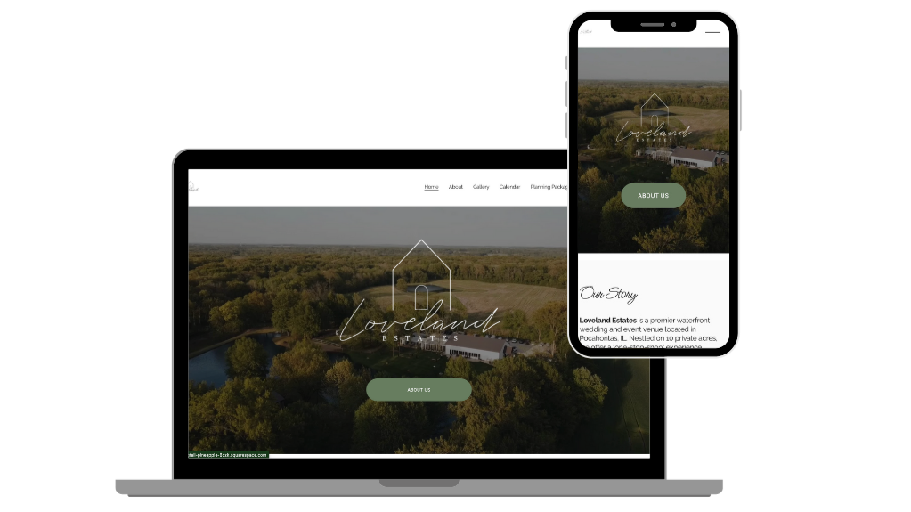 A laptop and smartphone displaying the website for Loveland Estates, a waterfront wedding and event venue surrounded by greenery and trees.