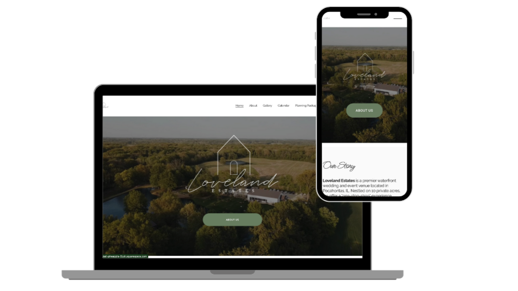 Laptop and smartphone screens displaying a website for Loveland Estates, featuring an aerial view of a rural estate with trees and a pond, and the Loveland Estates logo with a house outline and the text "Loveland".