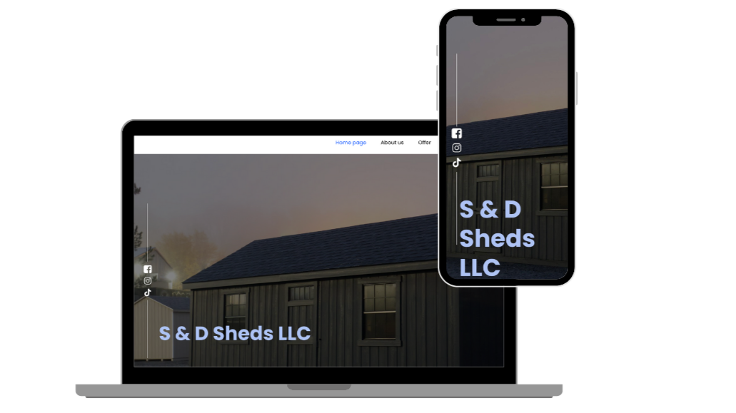 A laptop and a smartphone displaying a website for S & D Sheds LLC, featuring images of a metal shed with a dark roof and a gray exterior.