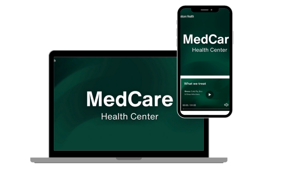 A laptop and smartphone displaying a medical health app called MedCar Health Center with a green background.