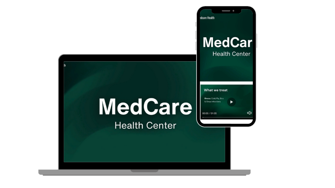 A laptop and a smartphone displaying MedCare Health Center branding and website, with a green background and white text.
