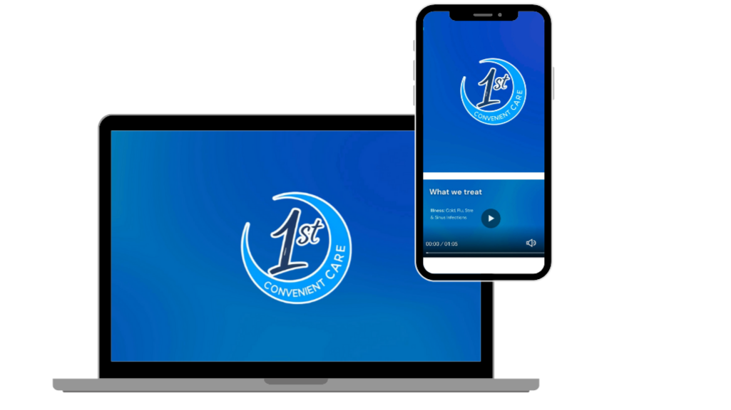 A laptop and a smartphone displaying the logo and interface of '1st Convenient Care', a healthcare service. The laptop shows the logo on a blue background, and the smartphone displays the logo along with the title 'What we treat' and details about ce