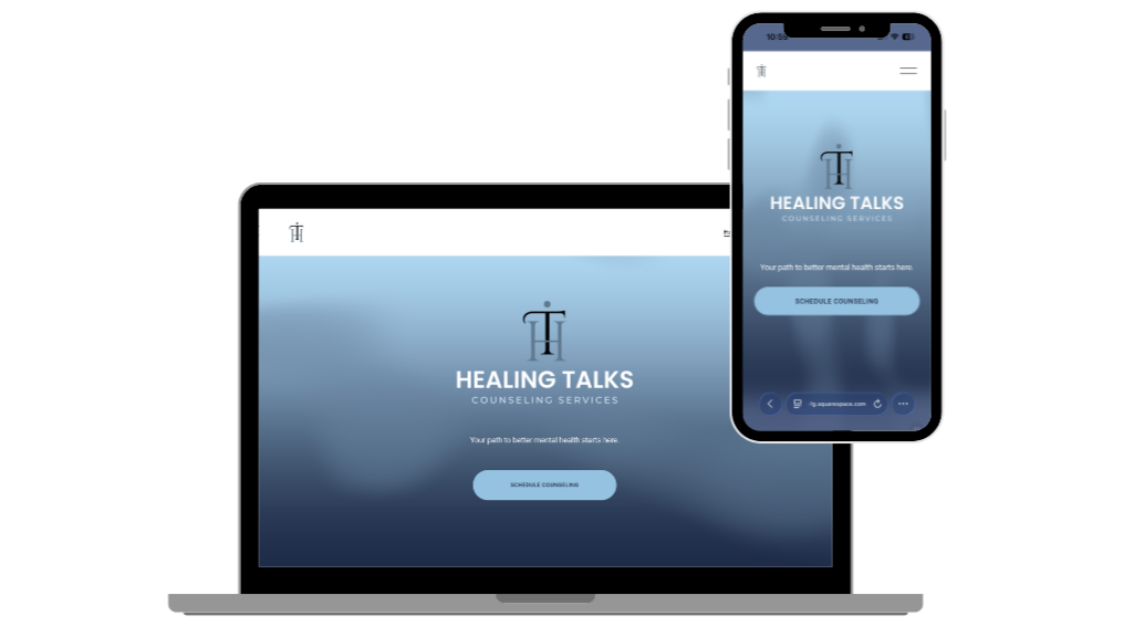 Screenshot of a website on a laptop and smartphone for Healing Talks Counseling Services, with a blue gradient background and a schedule counseling button.