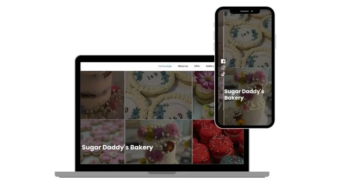 Laptop and smartphone screens displaying a bakery website called Sugar Daddy's Bakery with images of decorated cookies and cupcakes.
