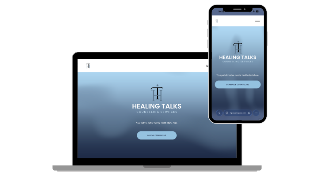 Laptop and smartphone screens displaying the Healing Talks Counseling Services website with a blue gradient background and a "Schedule Counseling" button.