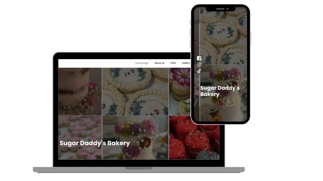 A laptop and a smartphone displaying images and text for Sugar Daddy's Bakery website, featuring decorated cookies and cupcakes.