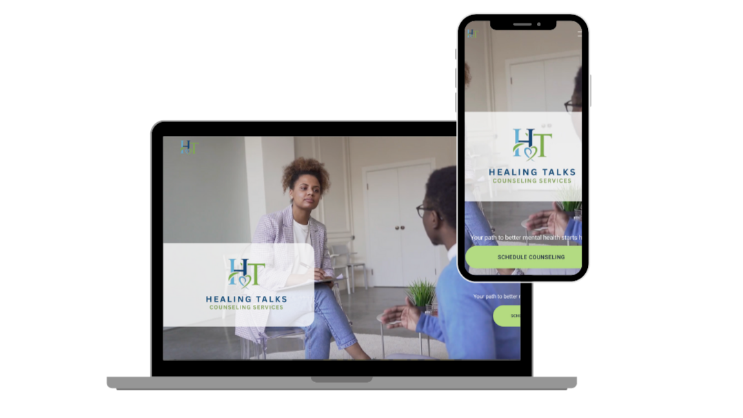 A laptop and a smartphone displaying an online counseling service called Healing Talks, with a woman and a man having a conversation in a therapy setting.