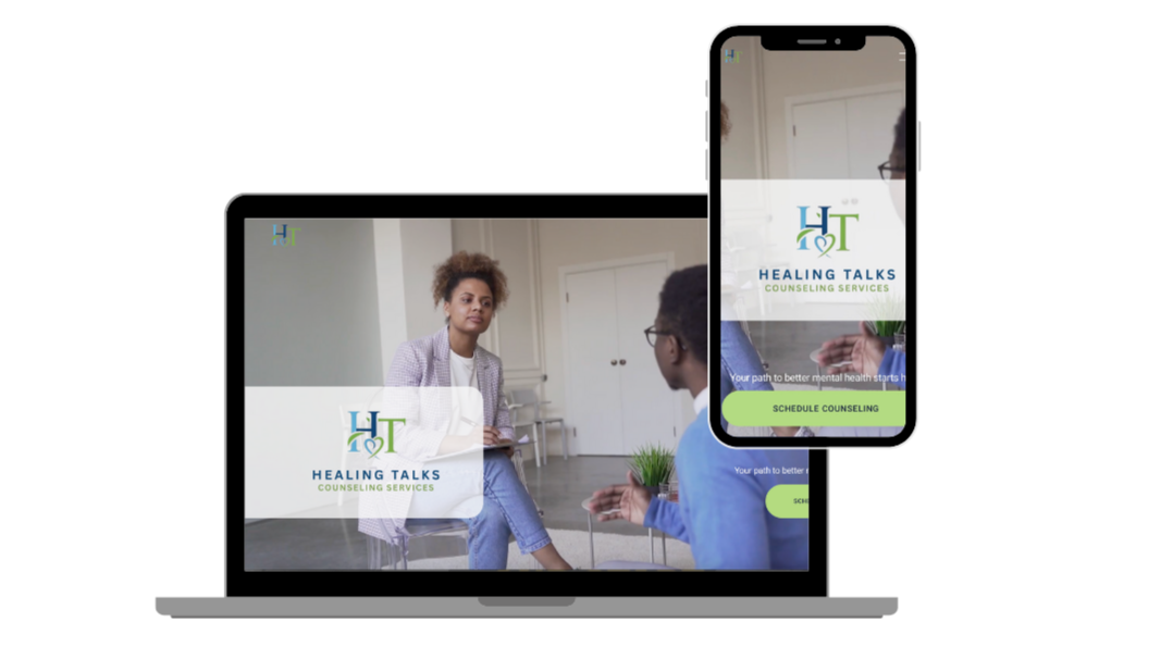 Laptop and smartphone displaying the logo and website of Healing Talks Counseling Services, featuring two people in a counseling session.