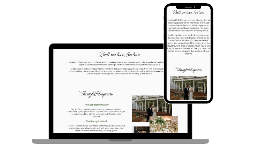 A computer and smartphone displaying a detailed webpage about wedding venues, featuring text and images of a bride and groom, ceremony pavilion, and reception hall.