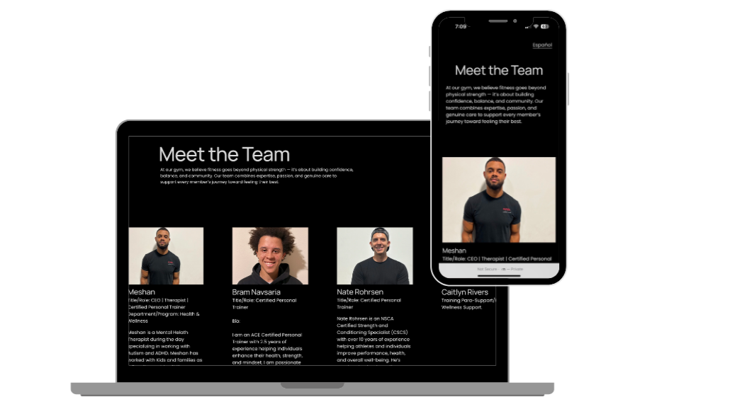 A digital presentation of a gym team introduction with photos and bios of team members, including Meshan, Bram Navsarya, Nate Rohrsen, and Caitlyn Rivers, on screens.