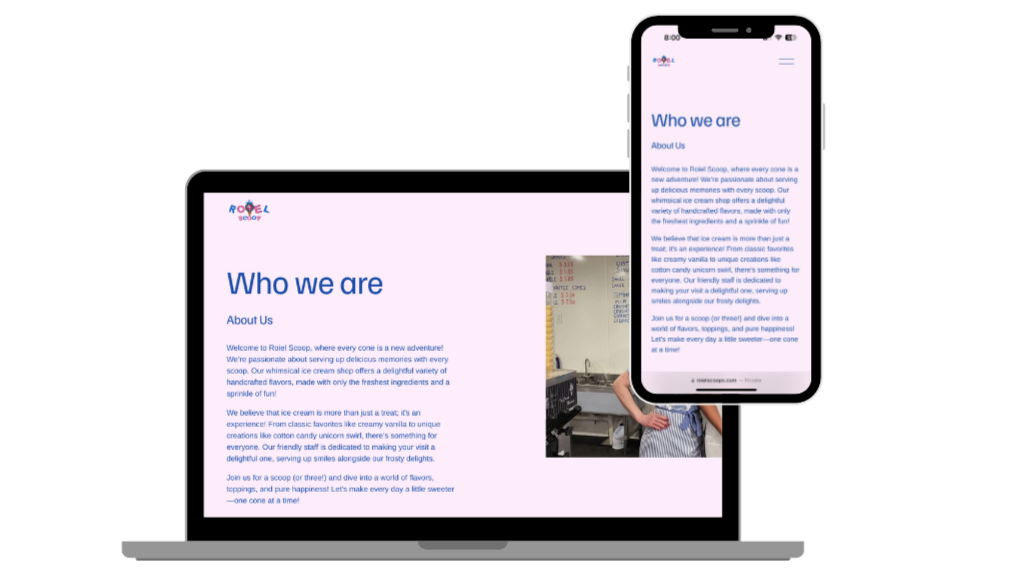 Digital devices displaying the 'Who we are' section of Roxel Scoop's website with text about their ice cream shop