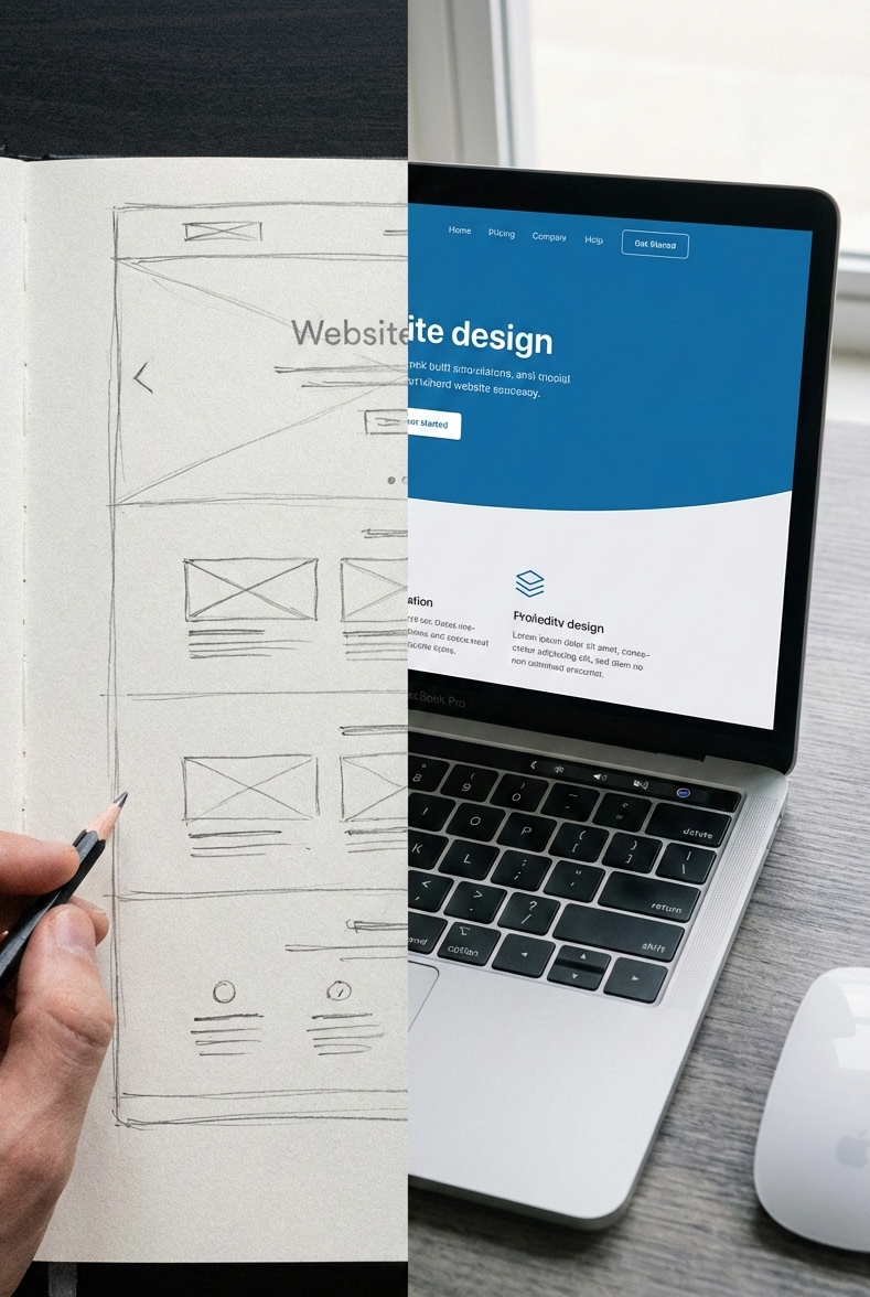 Half of the image shows a hand sketching a website layout on paper, and the other half displays a laptop screen with a website design in progress.