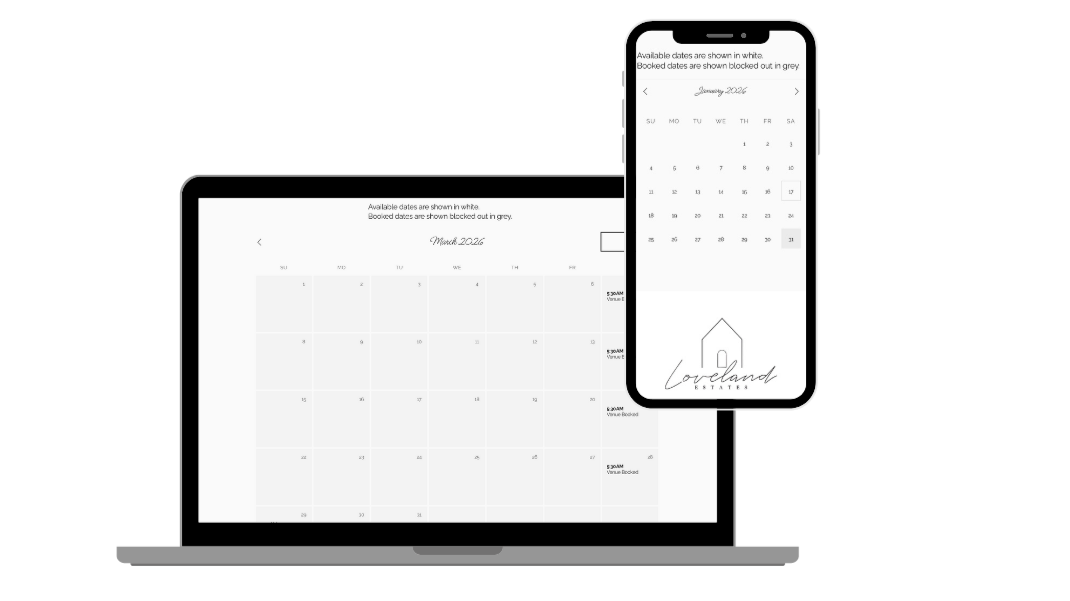 Computer and smartphone screens displaying a calendar application for March 2026 with available and blocked dates, featuring a logo of a house and the text 'Loveland Estates'.