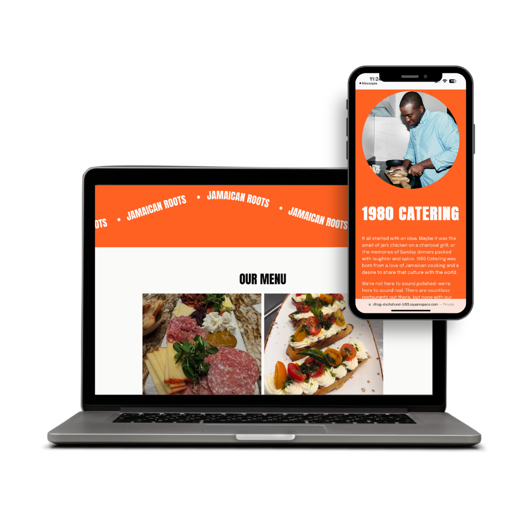 Laptop and smartphone displaying a catering business website called Jamaican Roots. The website features a menu with images of cheese, meats, and appetizers, and an about section titled '1980 Catering' with a picture of a chef preparing food.